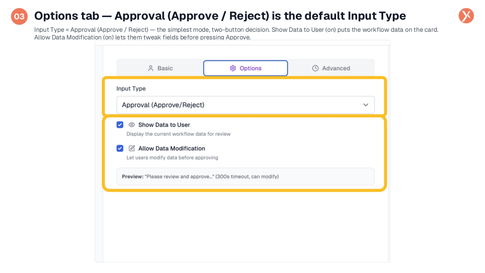 Options Tab: Default Approval Input Type