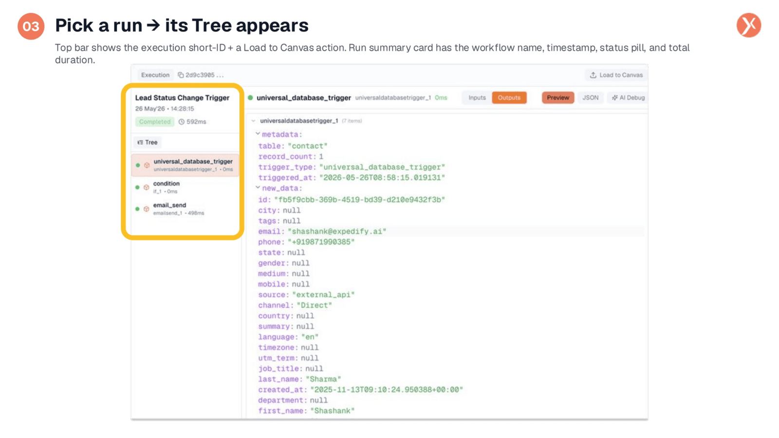 Selecting a Run Reveals its Execution Tree