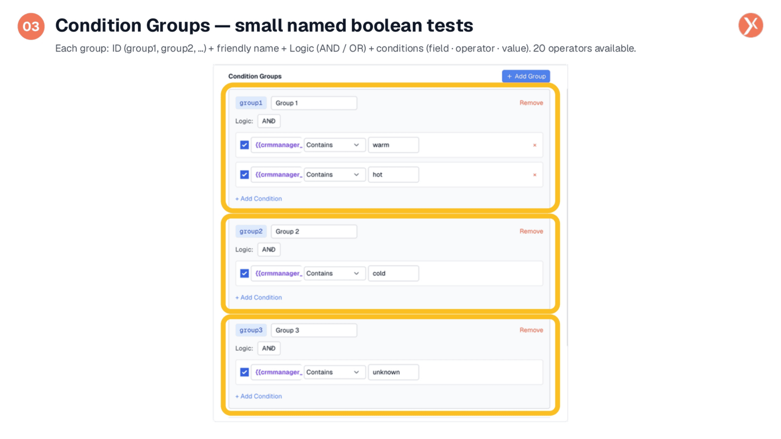 Defining Condition Groups for Boolean Tests