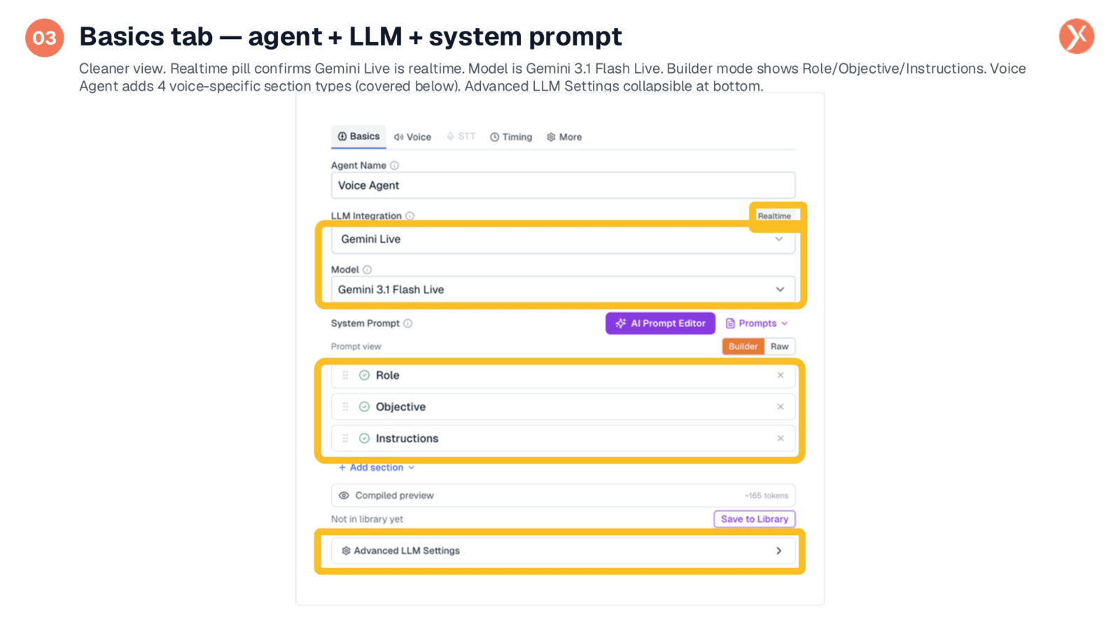 Basics Tab: Agent, LLM, and System Prompt Configuration