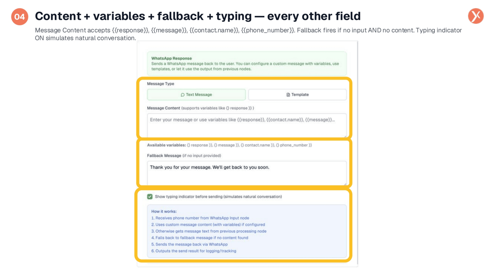 Content, Variables, Fallback, and Typing Indicator