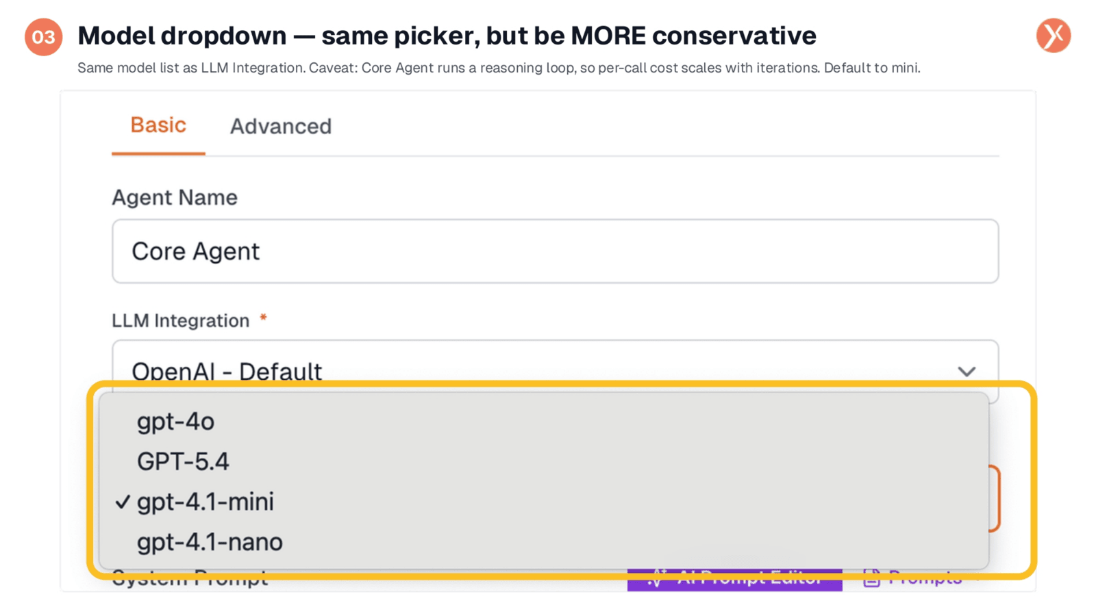 Model Dropdown: Conservative Selection for Core Agent