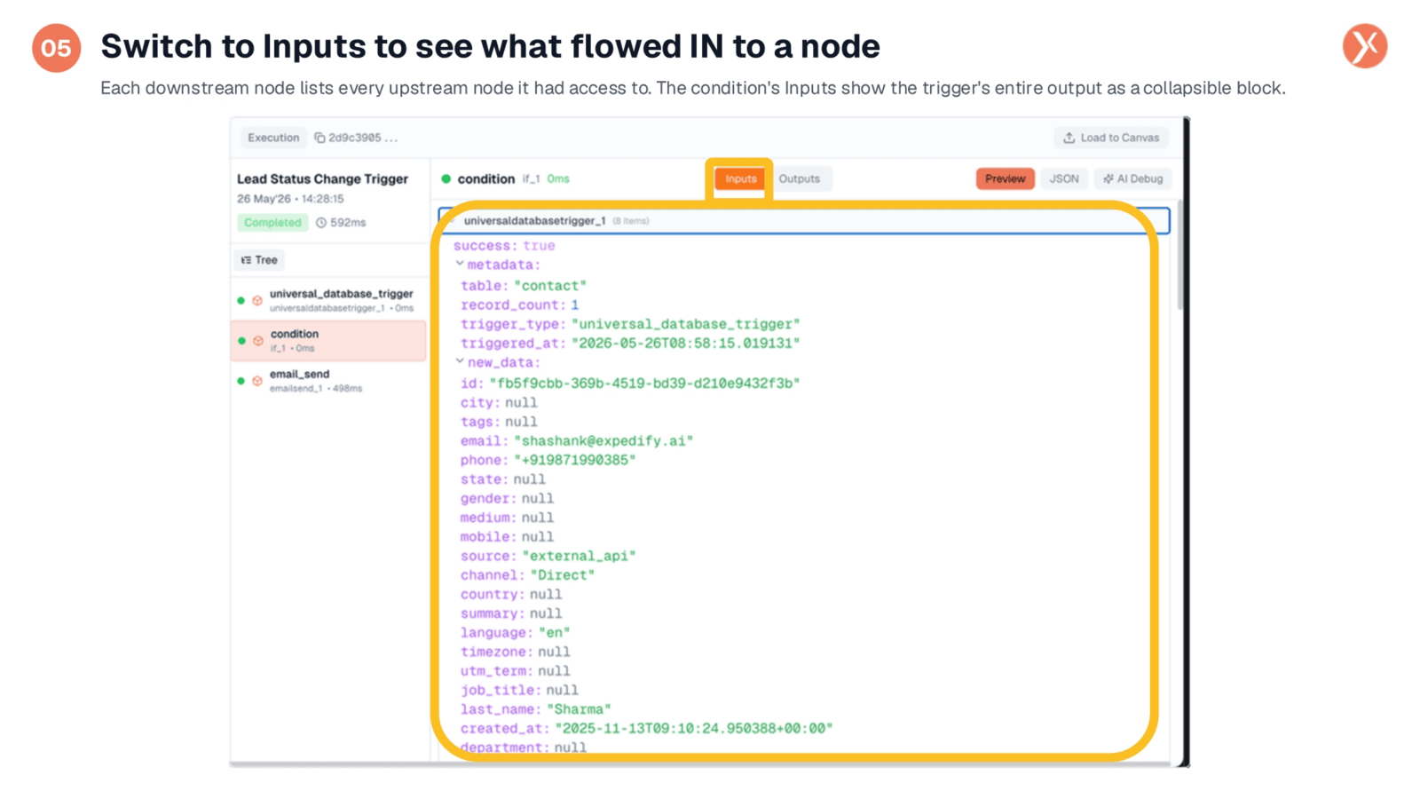 Switch to Inputs to View Data Flow into a Node