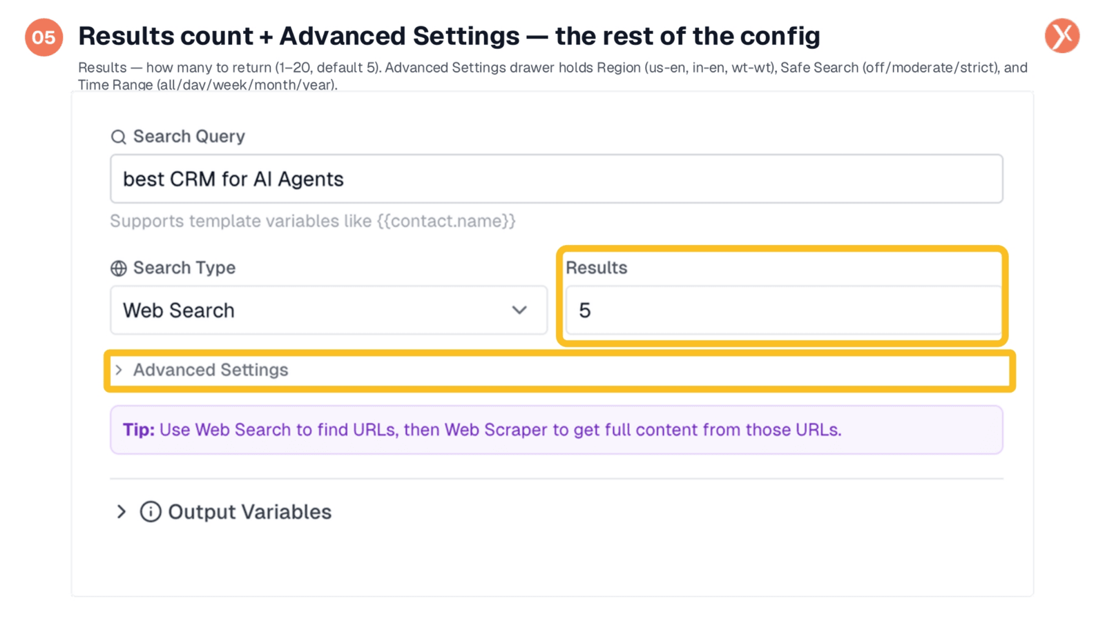 Results Count and Advanced Settings