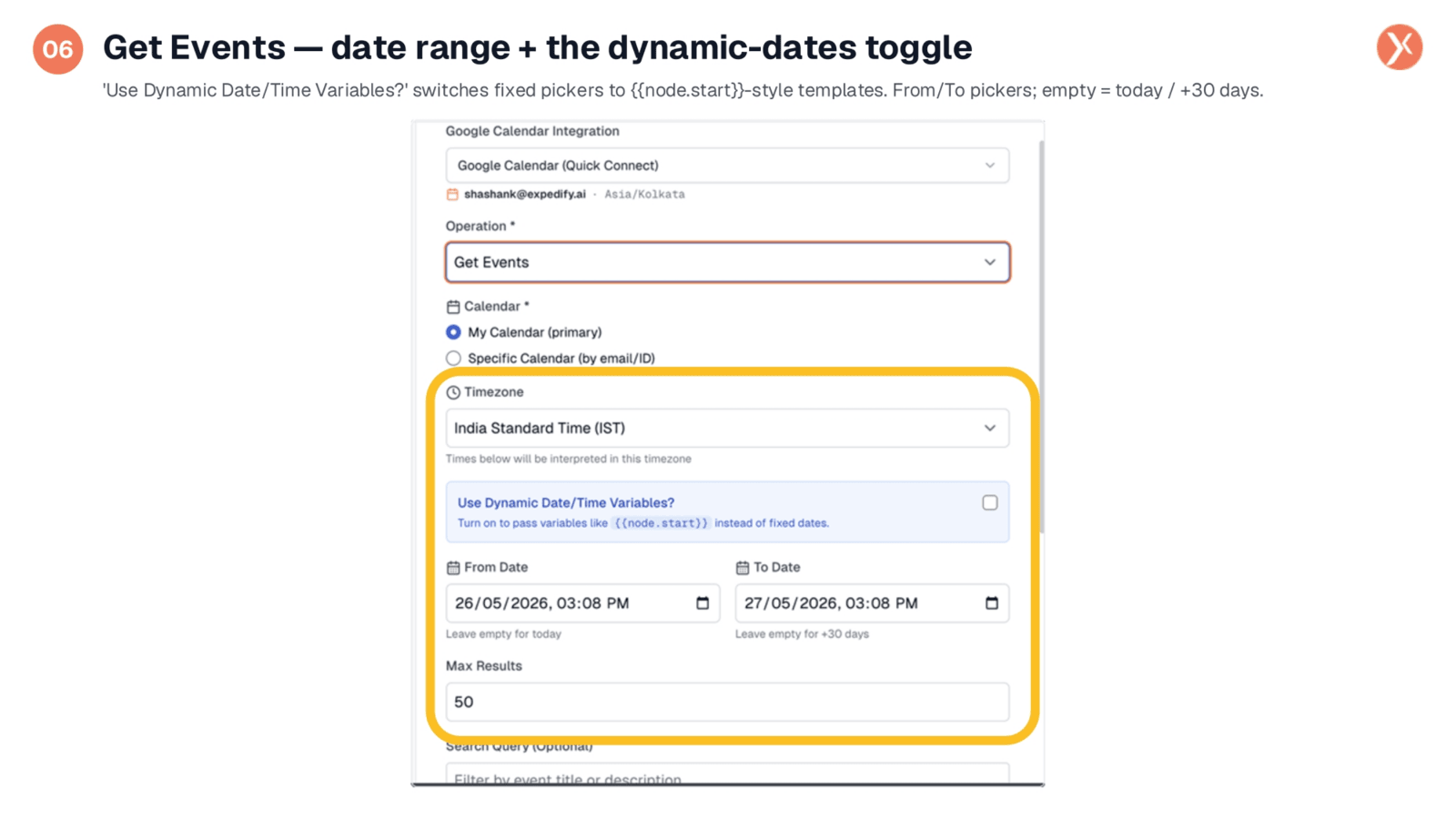 Get Events: Date Range and Dynamic Variables
