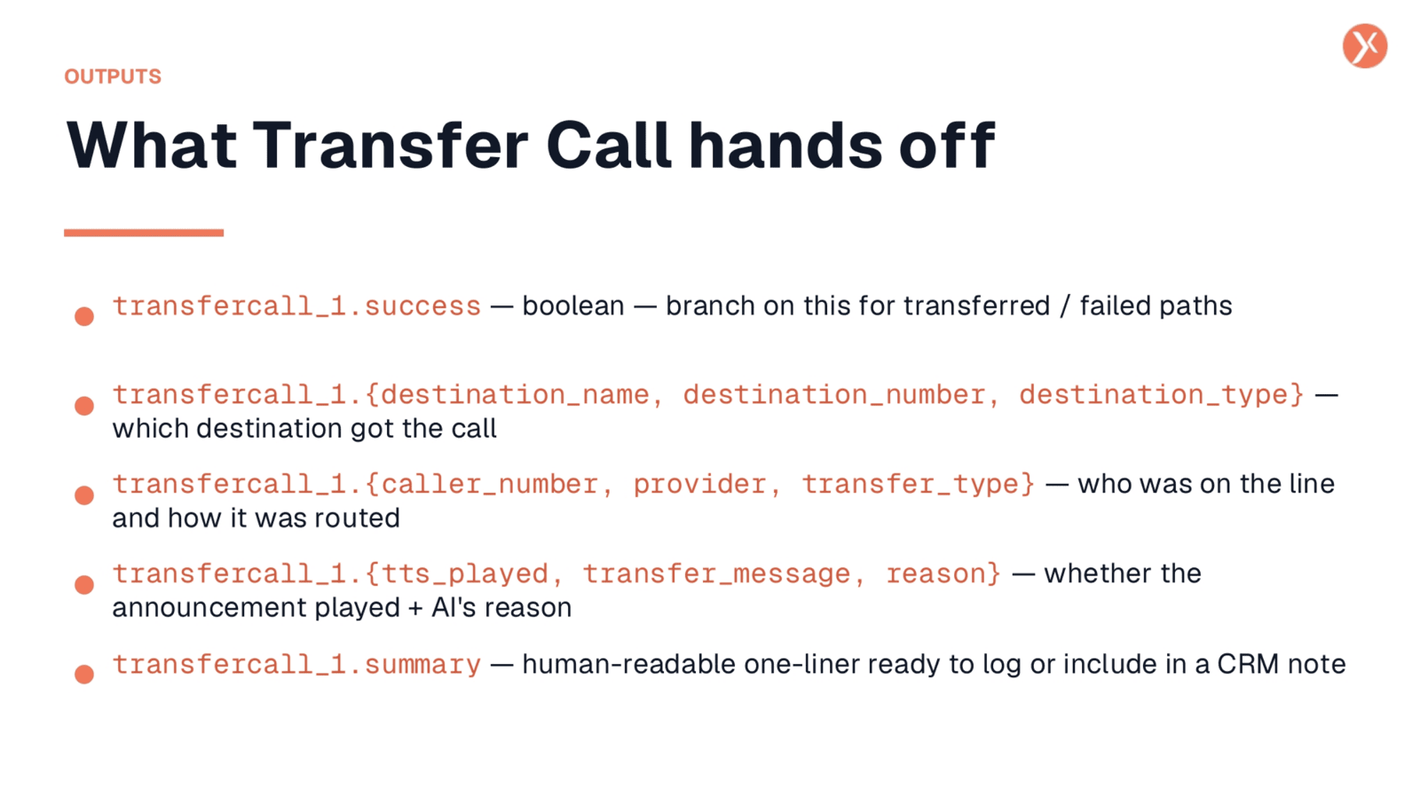 Transfer Call Outputs