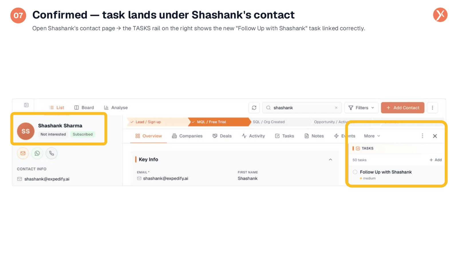Task Successfully Linked to Contact