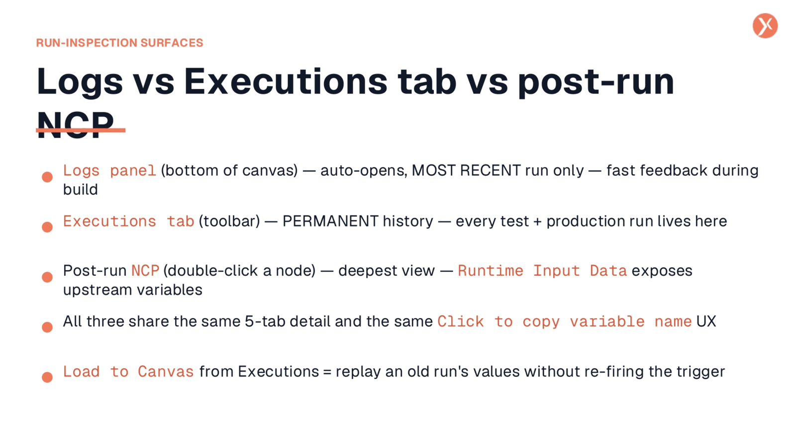 Comparing Run-Inspection Surfaces: Logs, Executions, NCP