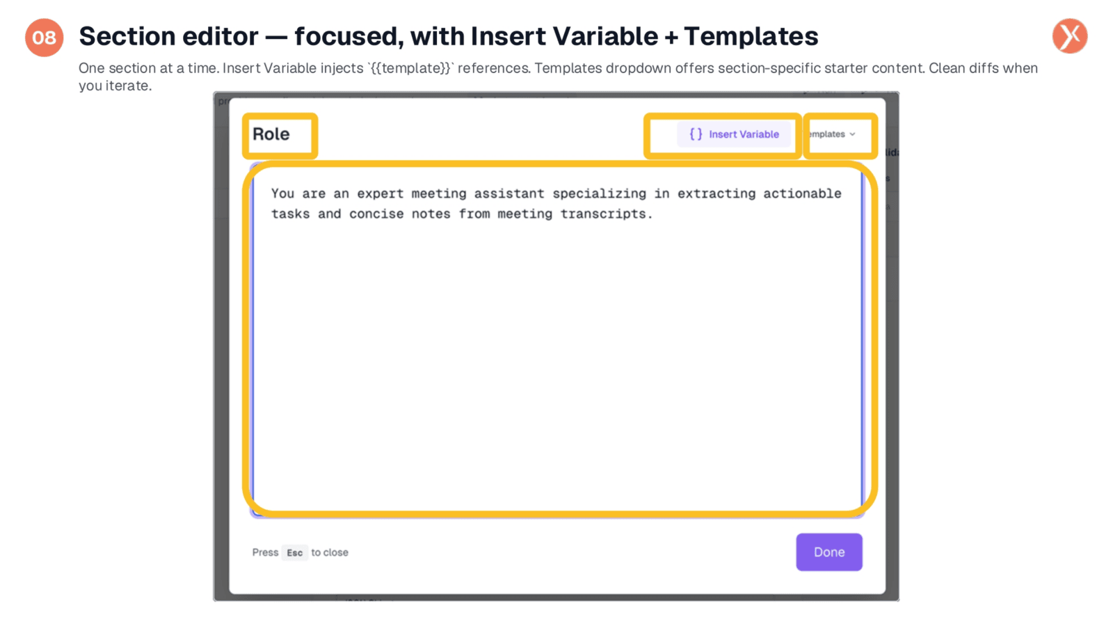 Focused Section Editor with Variables and Templates