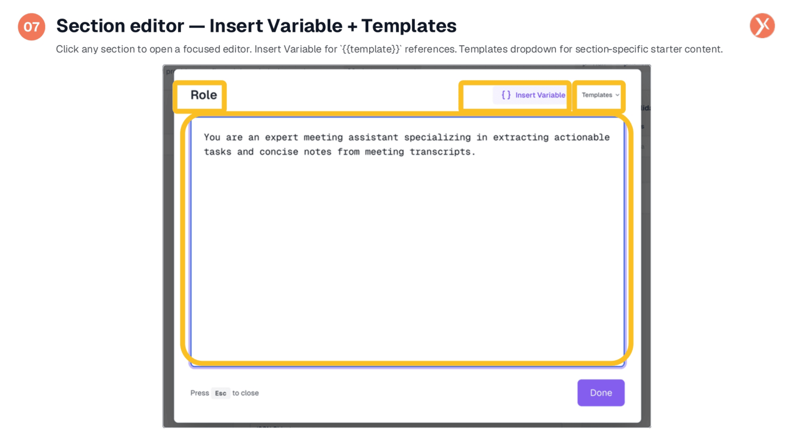 Section Editor: Insert Variables and Templates