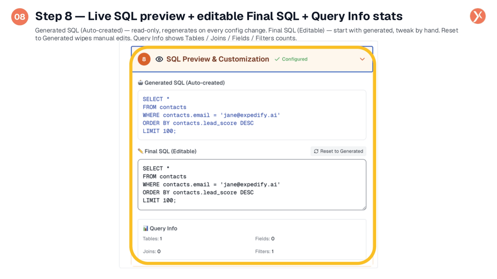 Step 8: Live SQL Preview and Customization