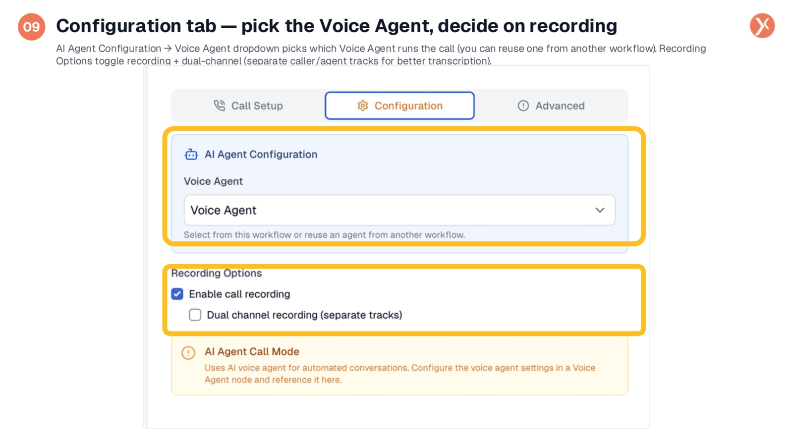 Configuration Tab: Voice Agent and Recording Options