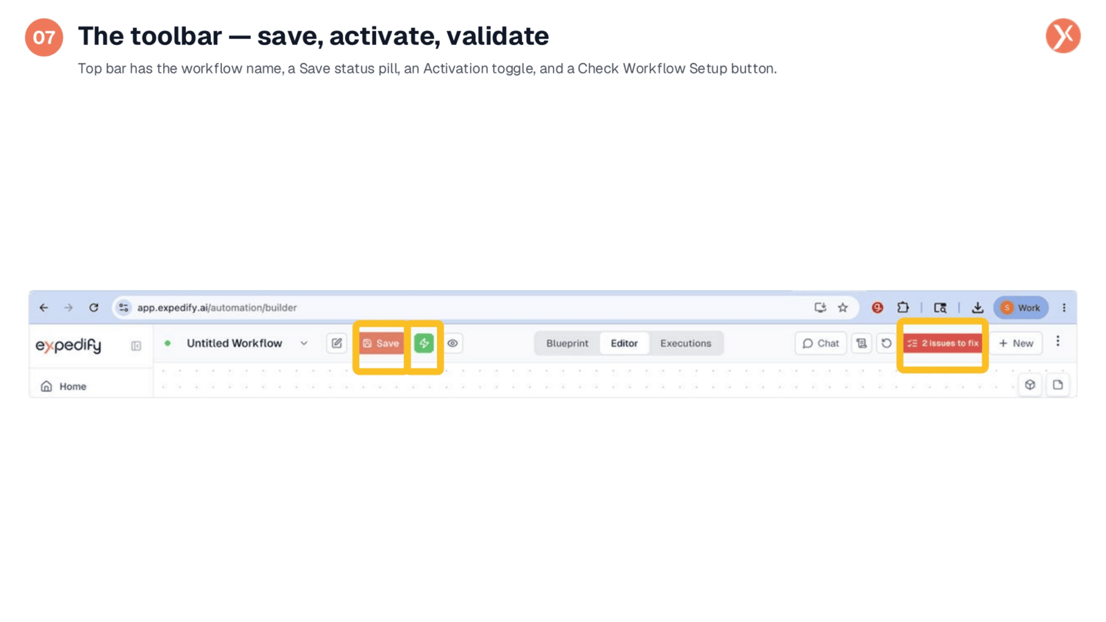 The Toolbar: Save, Activate, Validate