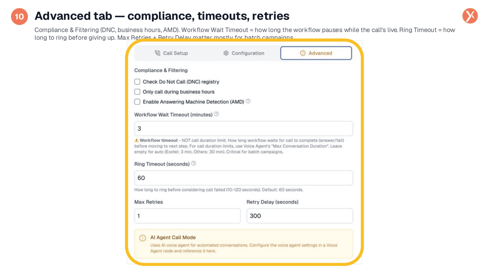 Advanced Tab: Compliance, Timeouts, and Retries