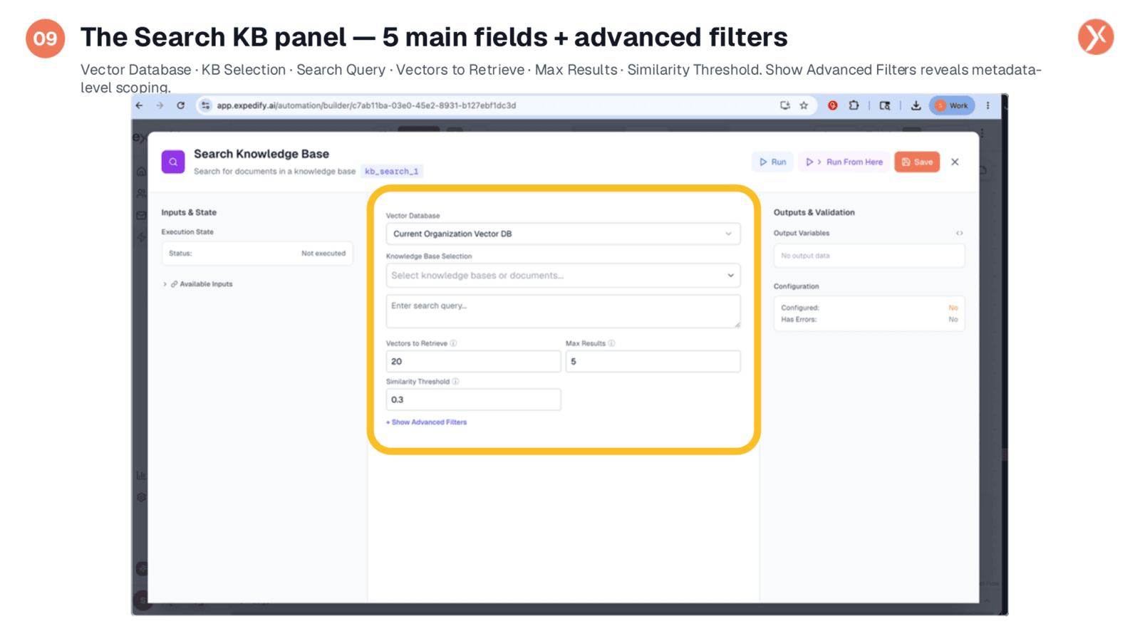 The Search KB panel — 5 main fields + advanced filters