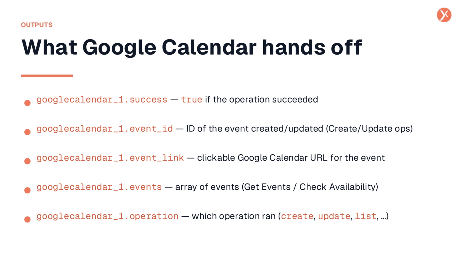 Google Calendar Node Outputs