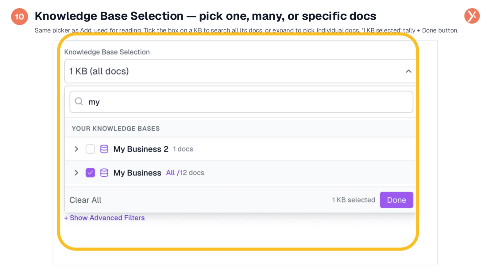 Knowledge Base Selection — pick one, many, or specific docs