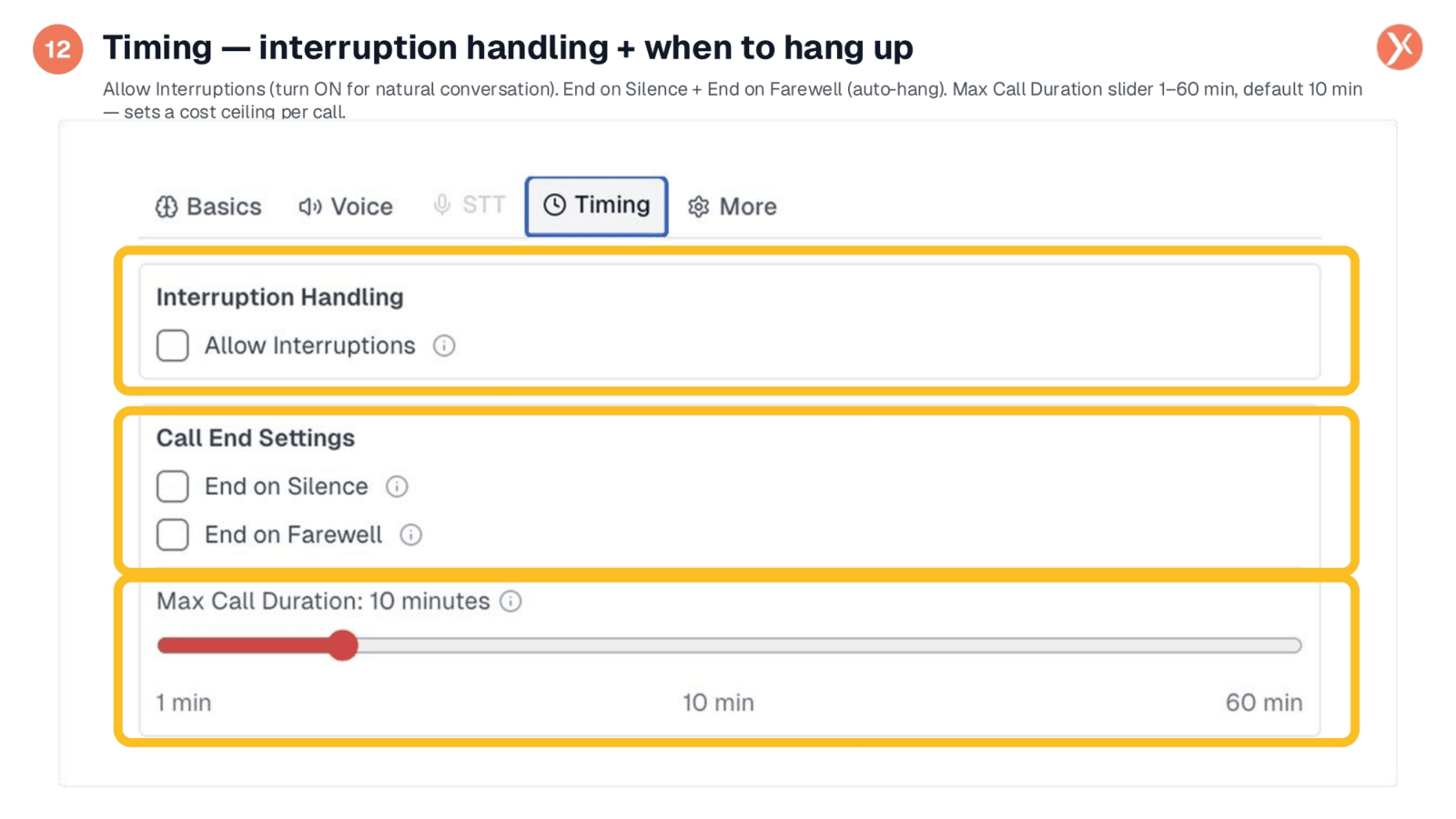 Timing Tab: Interruption Handling and Call Termination Settings