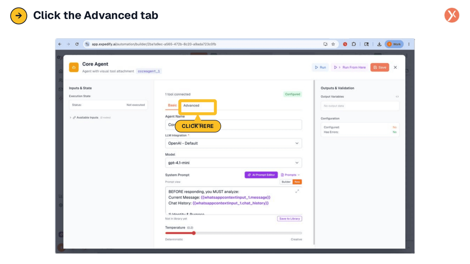 Clicking the Advanced Tab for Agentic Settings